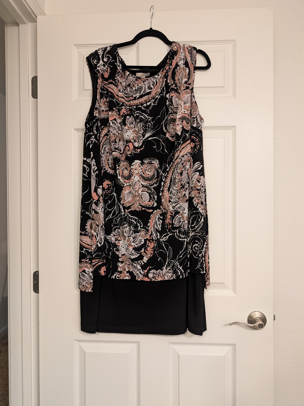 Dress Barn Black Sleeveless Paisley Layered Dress with Pink and Cream Accents